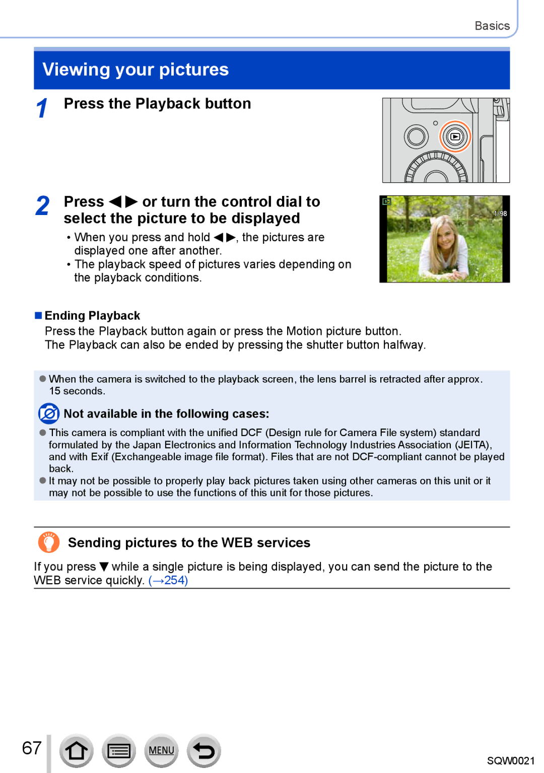 Panasonic DMC-LX100 owner manual Viewing your pictures, Sending pictures to the WEB services, Ending Playback 