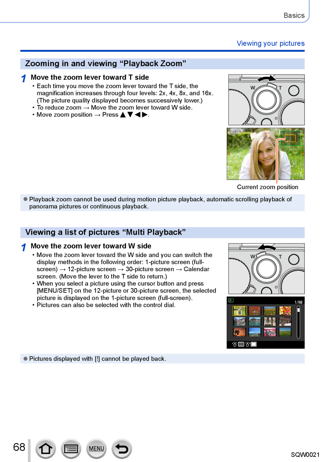 Panasonic DMC-LX100 owner manual Zooming in and viewing Playback Zoom, Viewing a list of pictures Multi Playback 