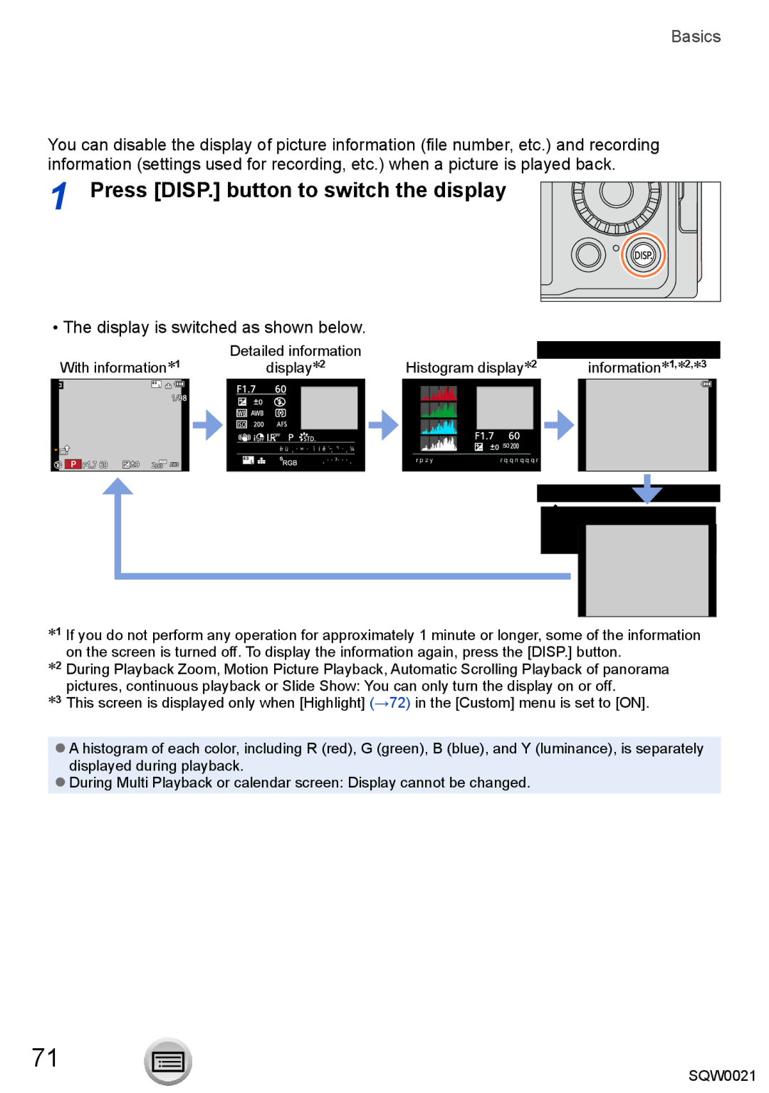 Panasonic DMC-LX100 Switching the display information on the playback screen, Display is switched as shown below 