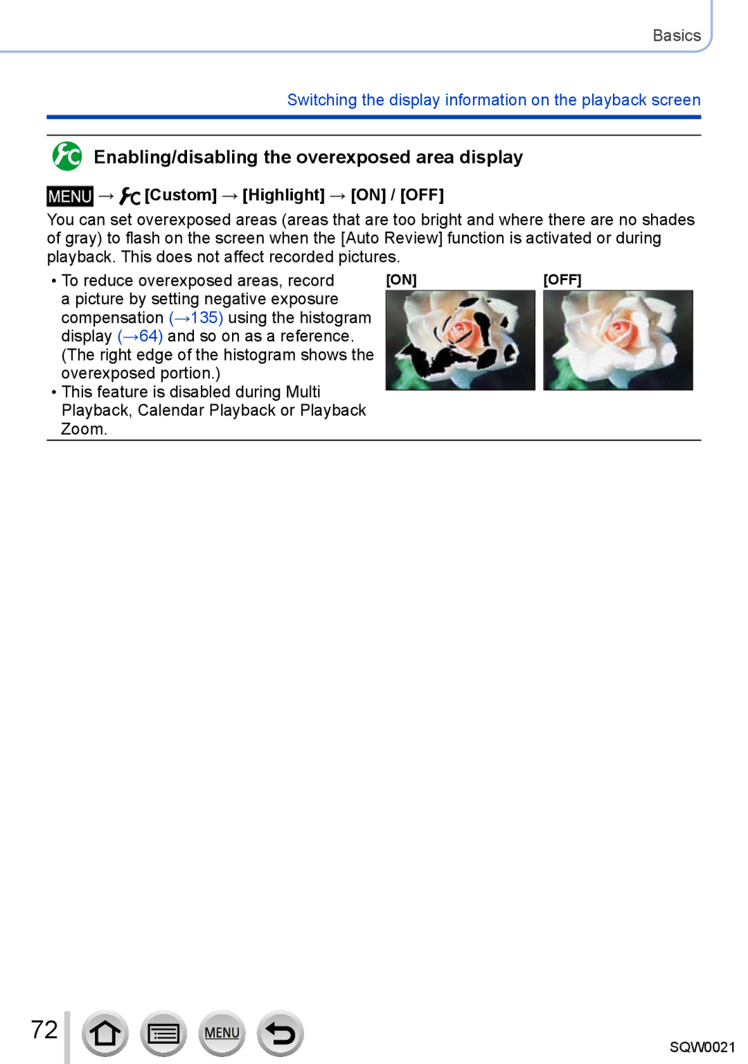 Panasonic DMC-LX100 owner manual Enabling/disabling the overexposed area display, → Custom → Highlight → on / OFF 