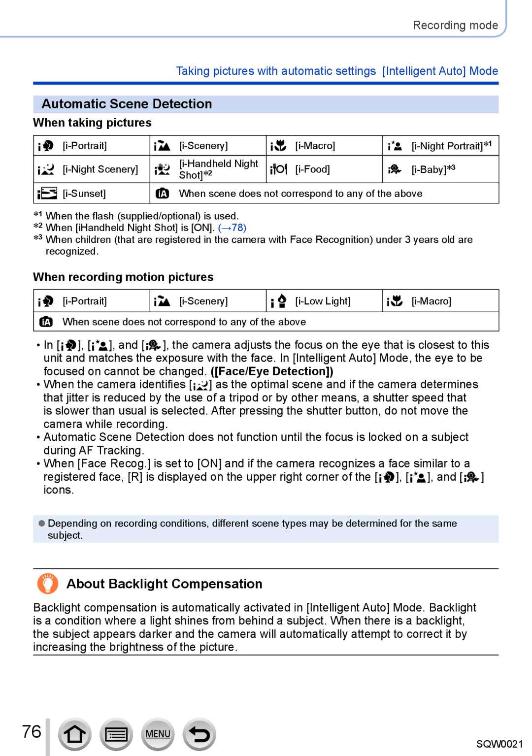 Panasonic DMC-LX100 owner manual Automatic Scene Detection, About Backlight Compensation, When taking pictures 