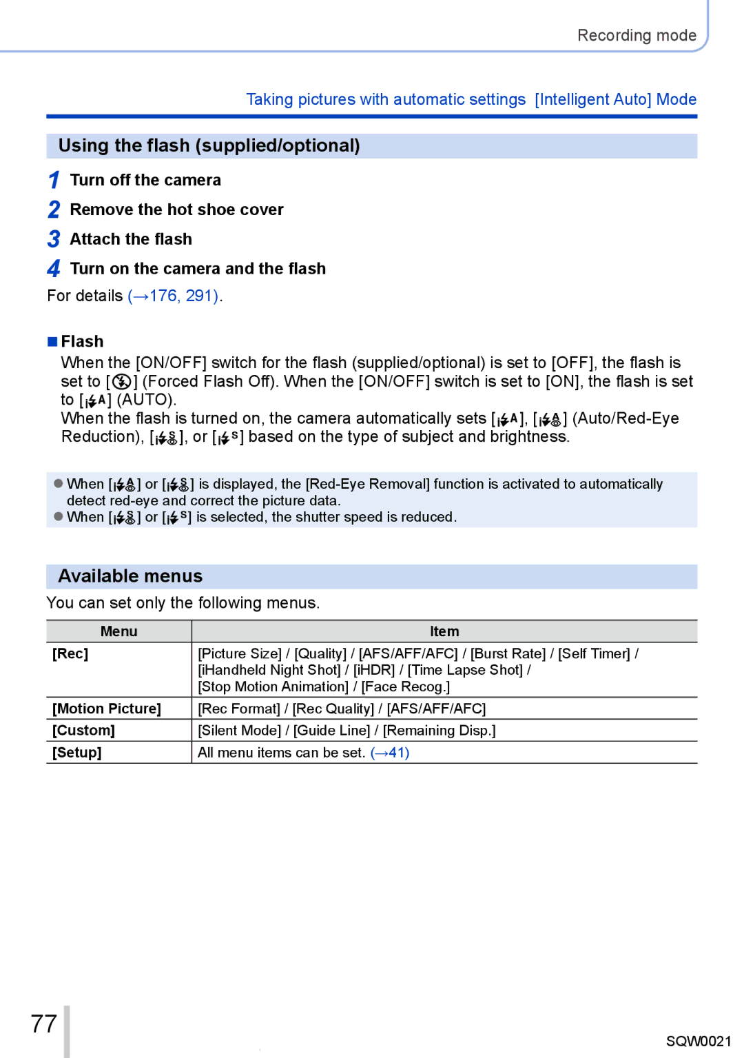 Panasonic DMC-LX100 owner manual Using the flash supplied/optional, Available menus, You can set only the following menus 