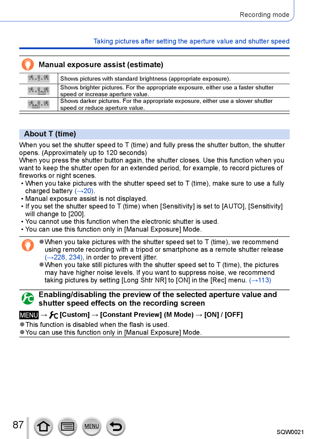 Panasonic DMC-LX100 Manual exposure assist estimate, About T time, → Custom → Constant Preview M Mode → on / OFF 