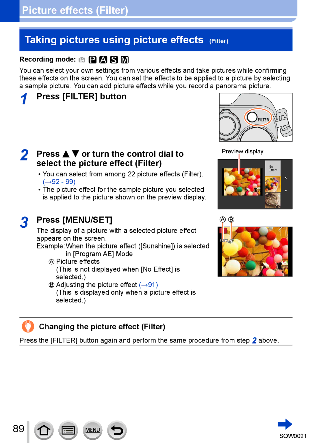 Panasonic DMC-LX100 Changing the picture effect Filter, You can select from among 22 picture effects Filter. →92 