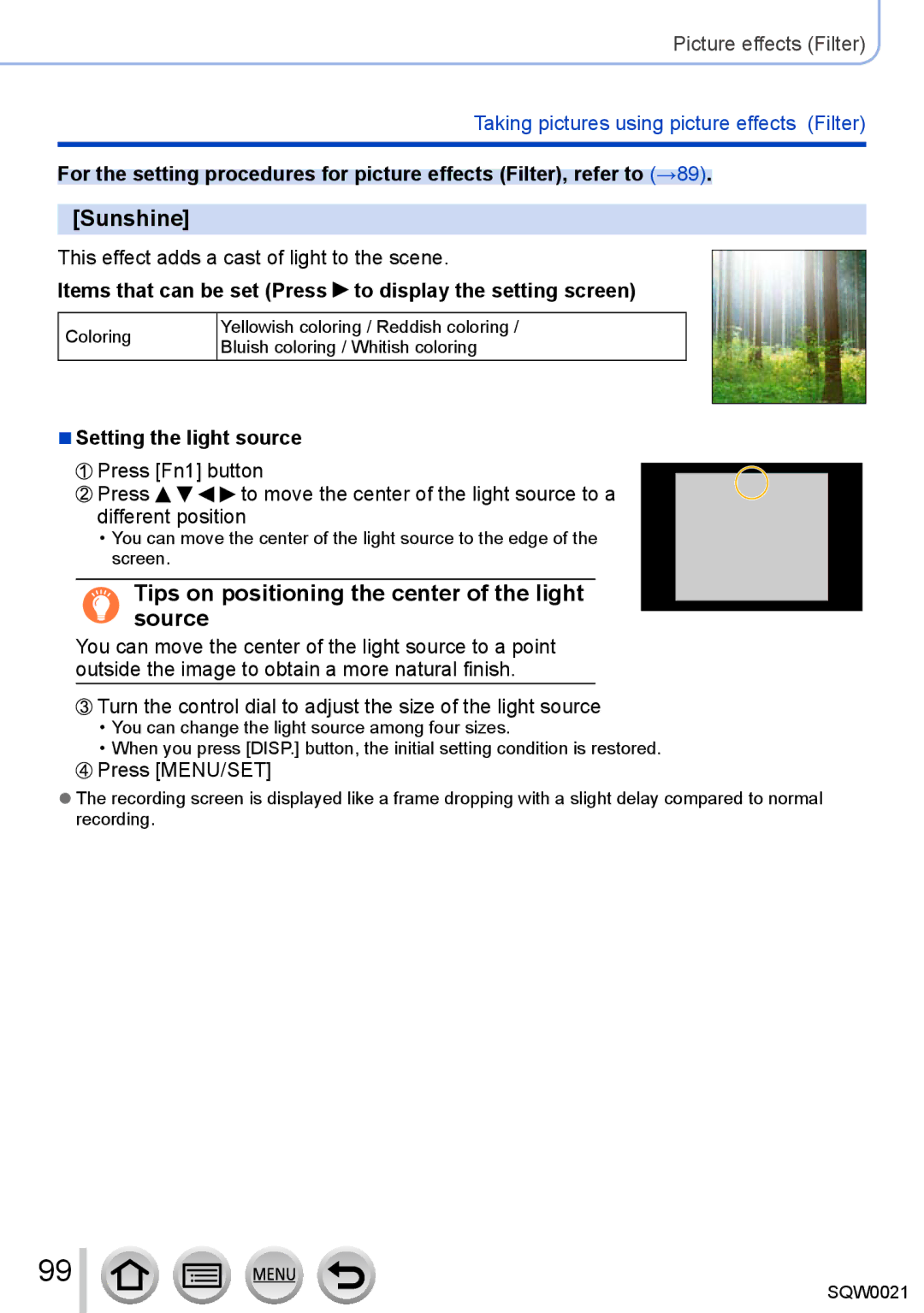 Panasonic DMC-LX100 owner manual Sunshine, Tips on positioning the center of the light source, Setting the light source 