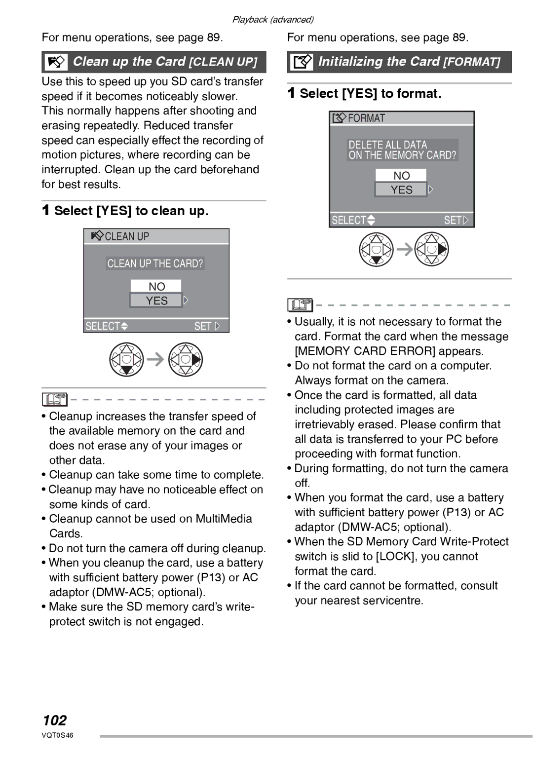 Panasonic DMC-LX1GN 102, Clean up the Card Clean UP, Select YES to clean up, Initializing the Card Format 