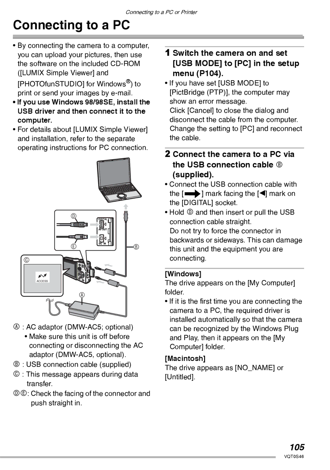 Panasonic DMC-LX1GN operating instructions Connecting to a PC, 105, Windows, Macintosh 