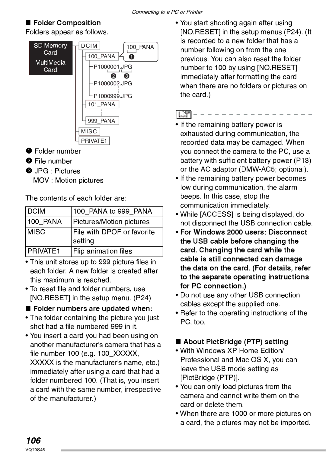 Panasonic DMC-LX1GN 106, Folder Composition, Folder numbers are updated when, About PictBridge PTP setting 