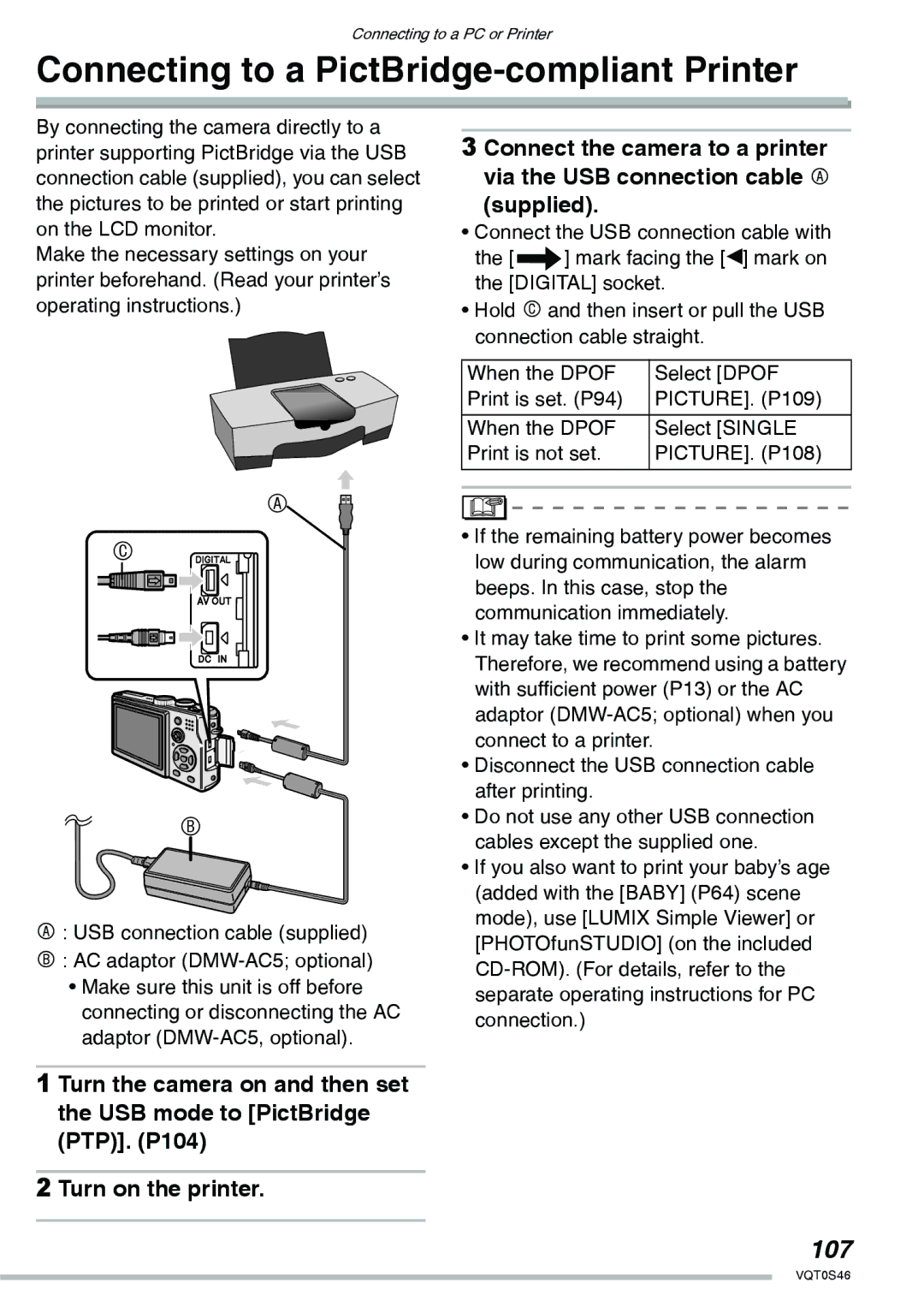 Panasonic DMC-LX1GN operating instructions Connecting to a PictBridge-compliant Printer, 107 