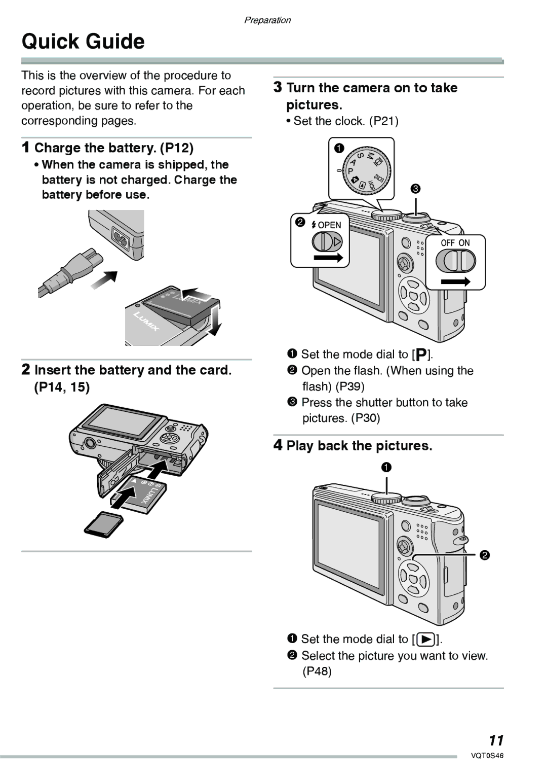 Panasonic DMC-LX1GN Quick Guide, Turn the camera on to take pictures, Charge the battery. P12, Play back the pictures 