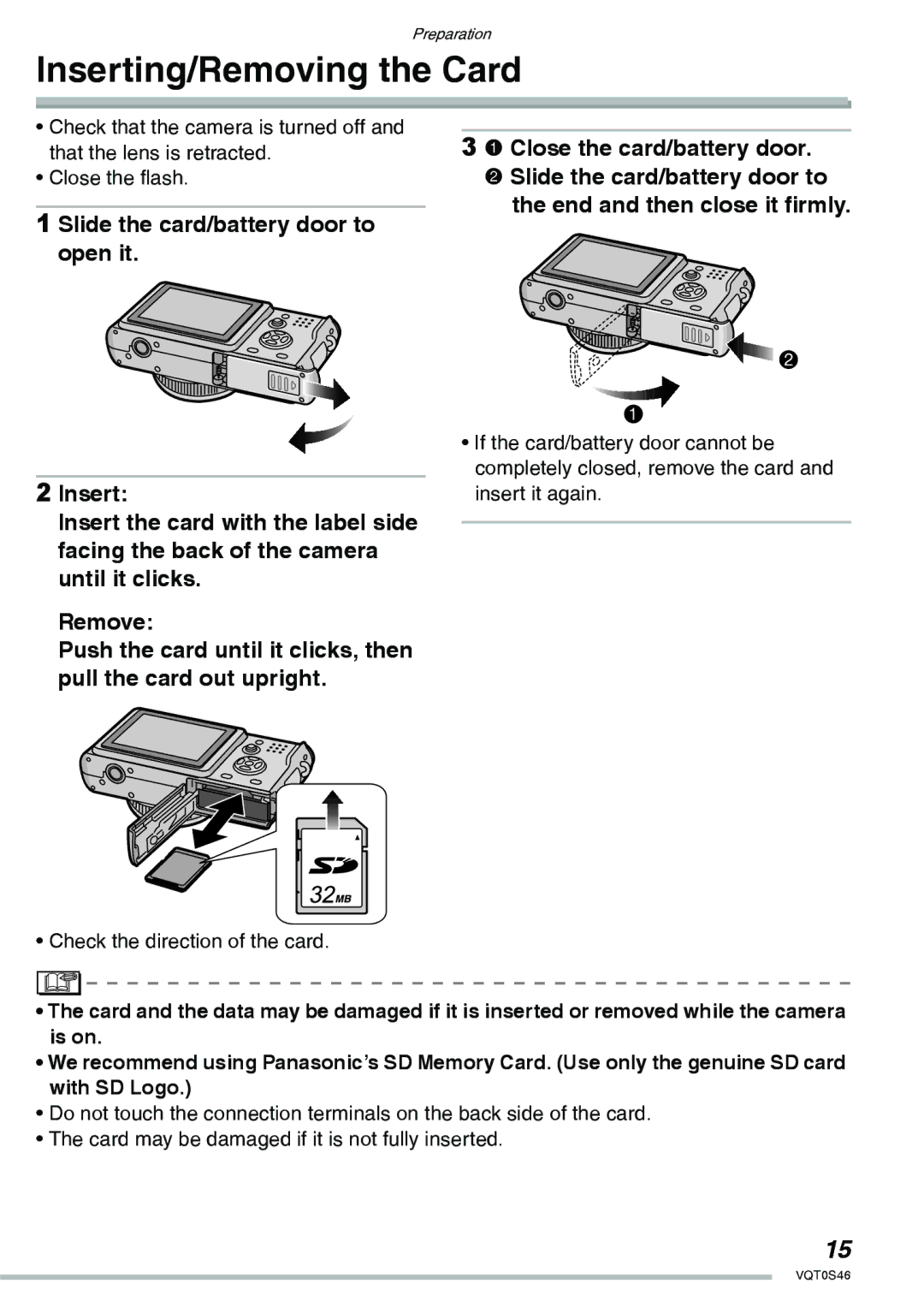 Panasonic DMC-LX1GN operating instructions Inserting/Removing the Card 