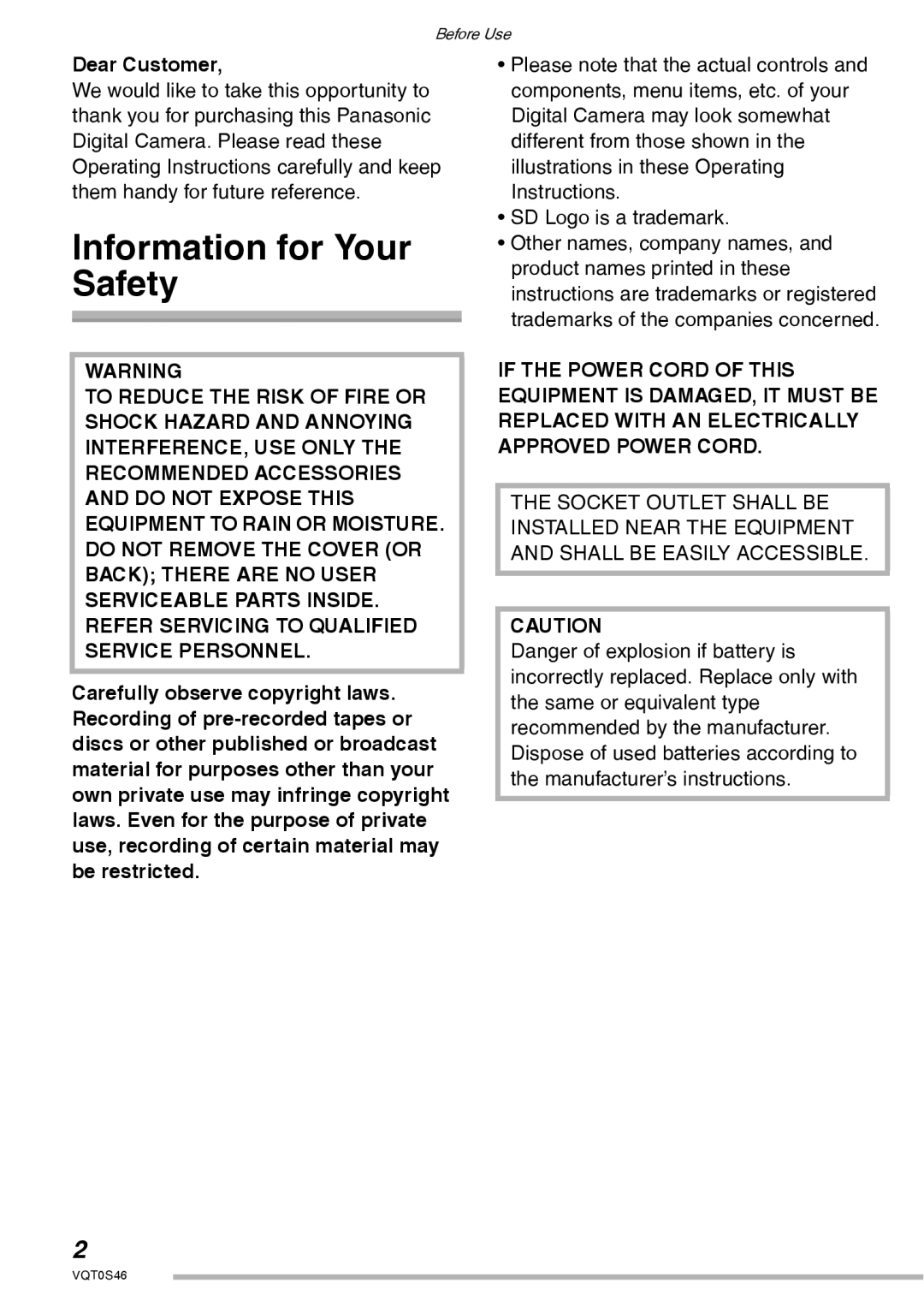 Panasonic DMC-LX1GN operating instructions Information for Your Safety, Dear Customer 