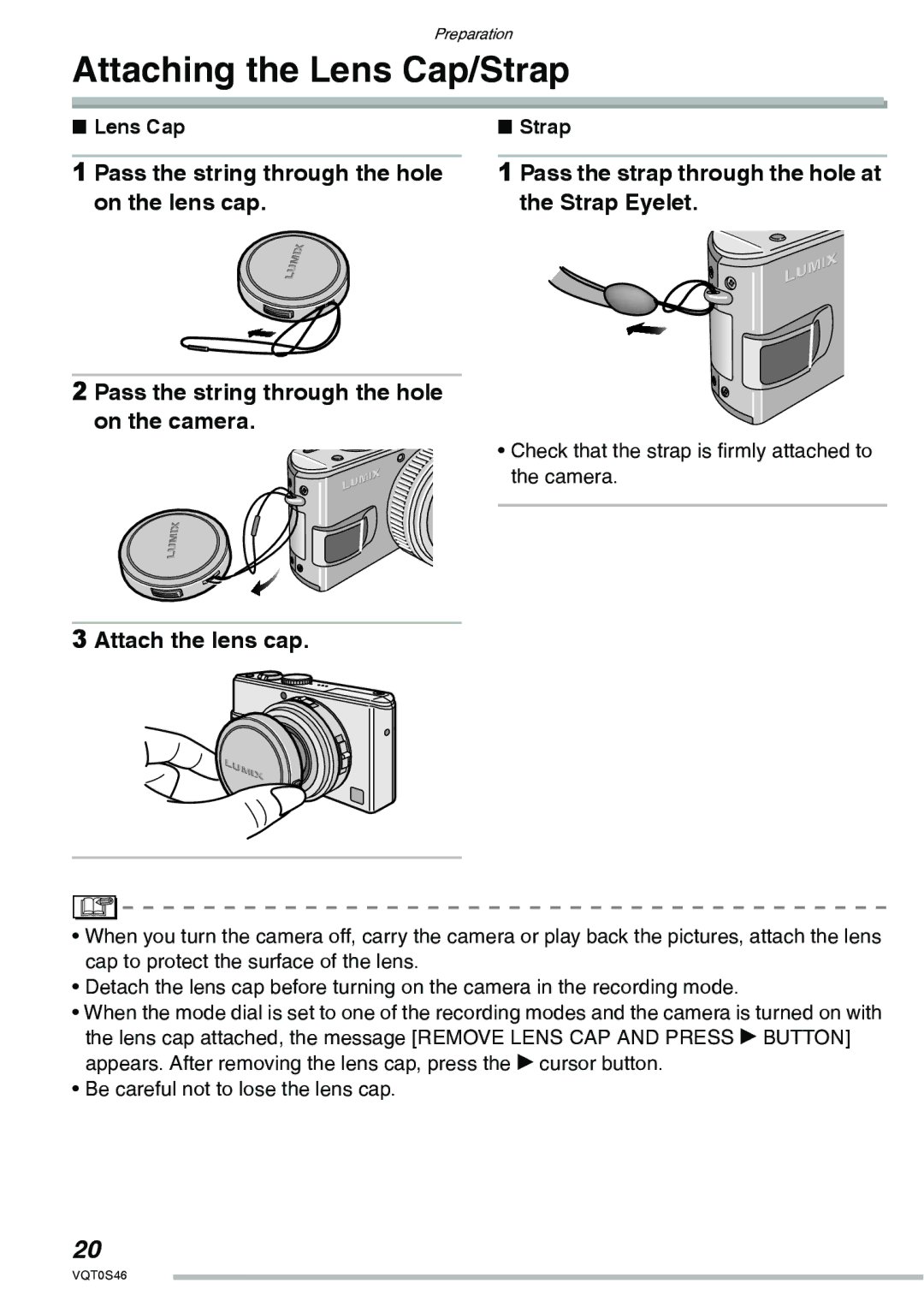 Panasonic DMC-LX1GN Attaching the Lens Cap/Strap, Pass the strap through the hole at the Strap Eyelet, Attach the lens cap 