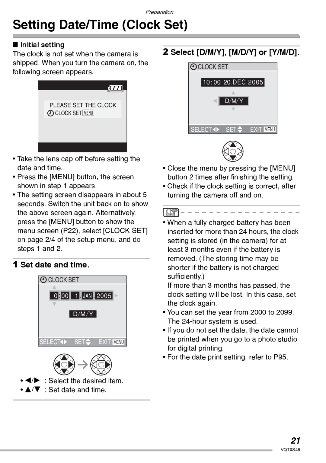 Panasonic DMC-LX1GN Setting Date/Time Clock Set, Select D/M/Y, M/D/Y or Y/M/D, Set date and time, Initial setting 