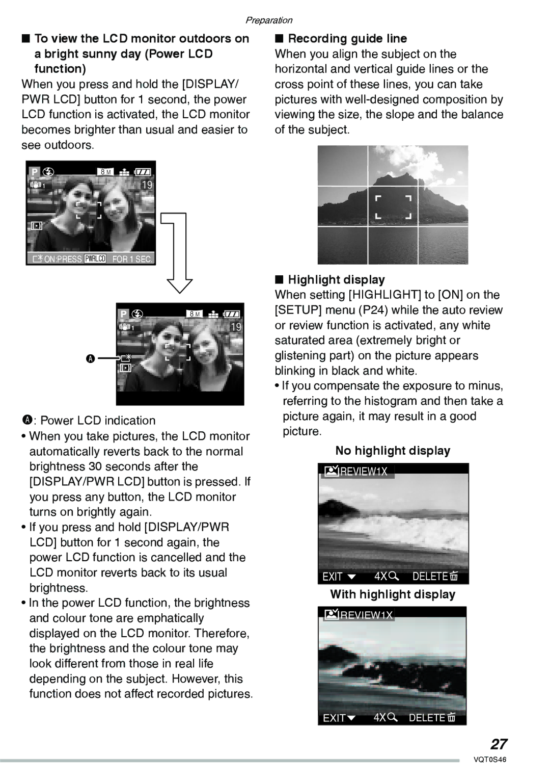 Panasonic DMC-LX1GN Recording guide line, Highlight display, No highlight display, With highlight display 