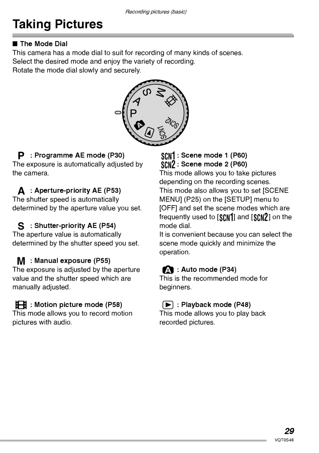 Panasonic DMC-LX1GN Taking Pictures, Mode Dial, Programme AE mode P30, Manual exposure P55, Auto mode P34 