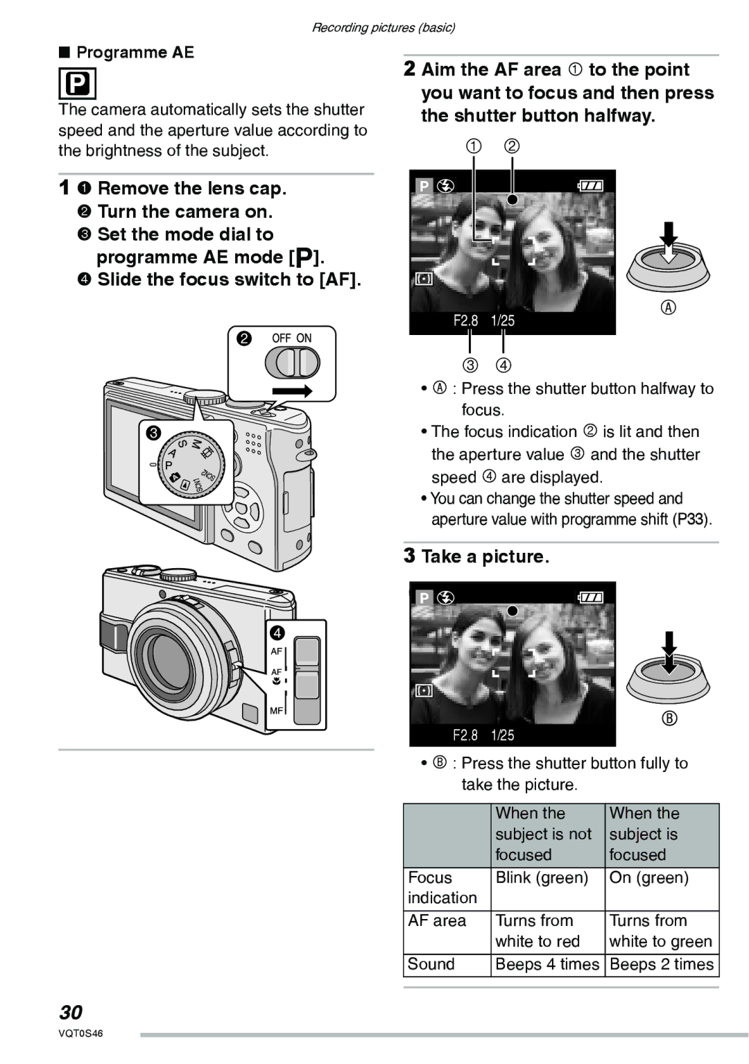 Panasonic DMC-LX1GN operating instructions Take a picture, Programme AE 