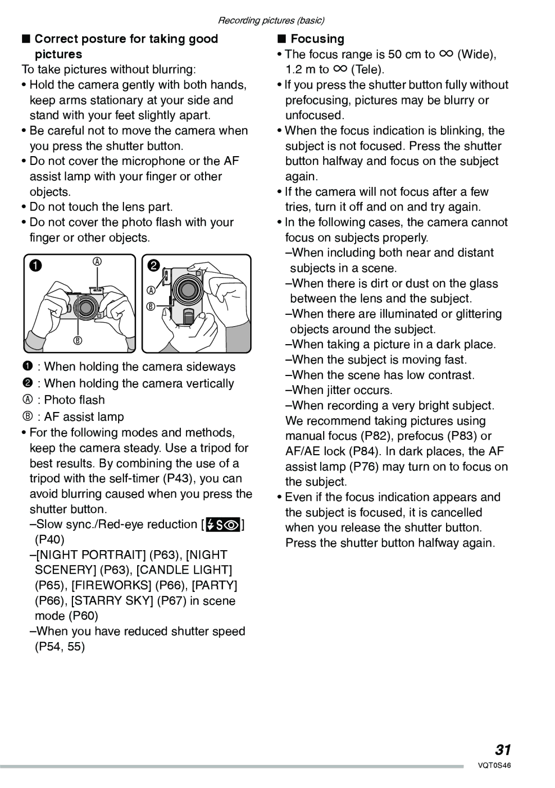 Panasonic DMC-LX1GN operating instructions Correct posture for taking good Pictures, Focusing 