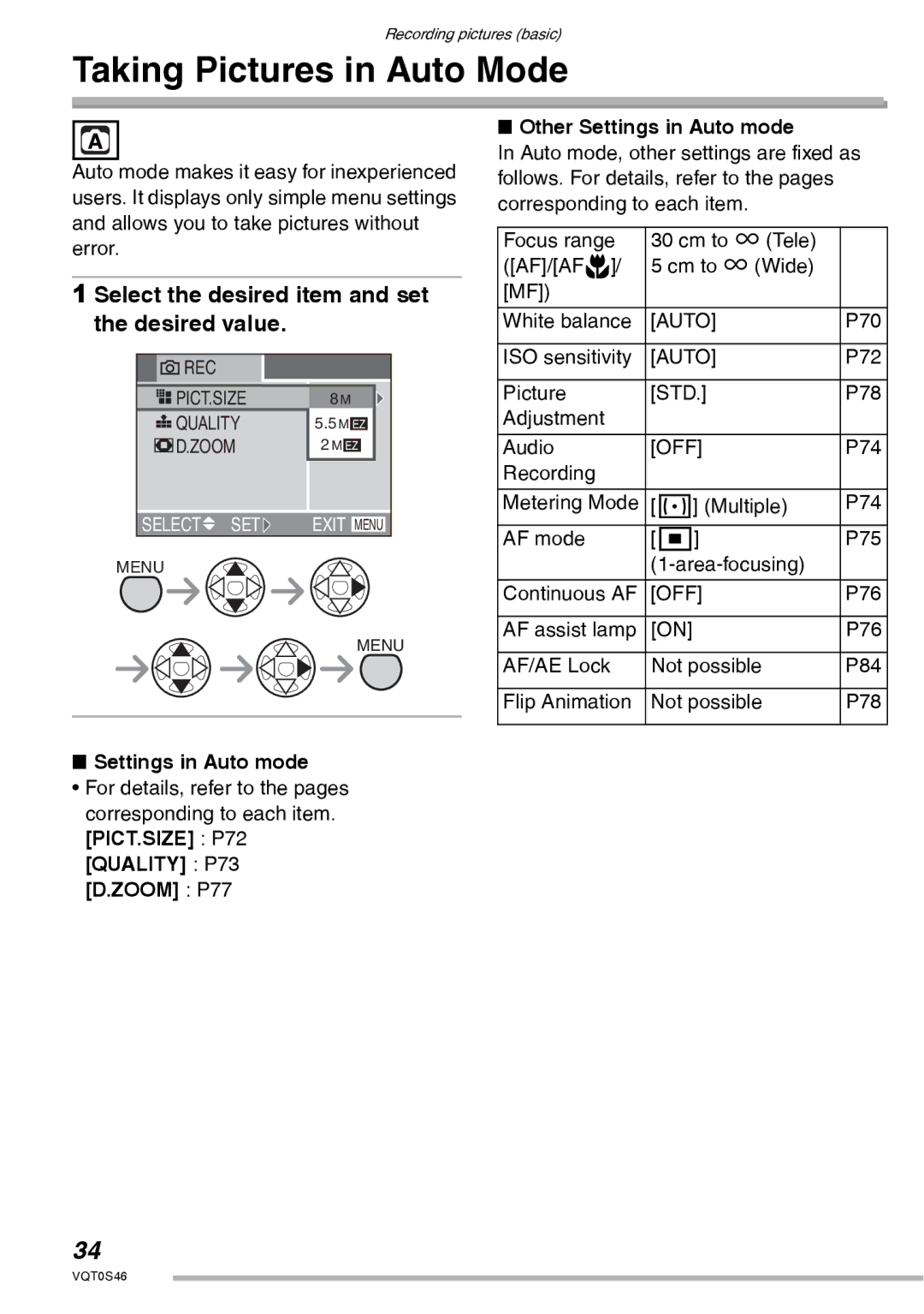 Panasonic DMC-LX1GN Taking Pictures in Auto Mode, Select the desired item and set the desired value, Settings in Auto mode 