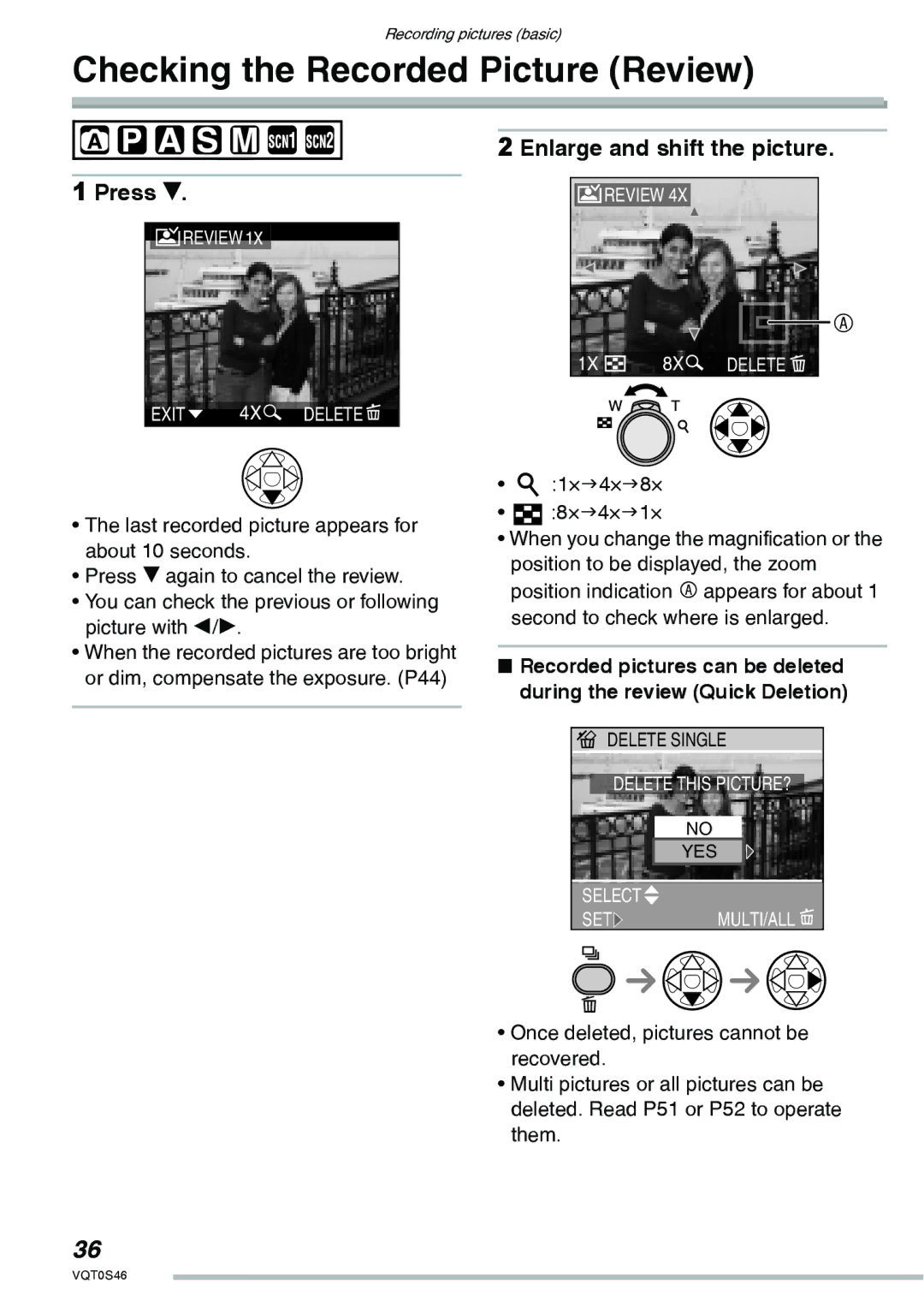 Panasonic DMC-LX1GN operating instructions Checking the Recorded Picture Review, Enlarge and shift the picture, Press r 