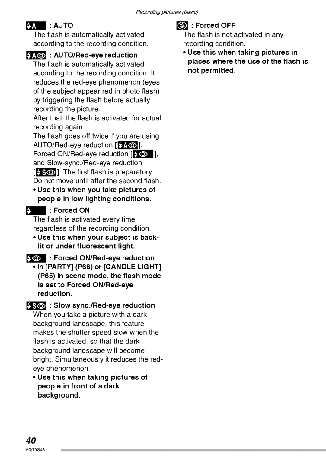 Panasonic DMC-LX1GN operating instructions Auto, Forced on Forced OFF 