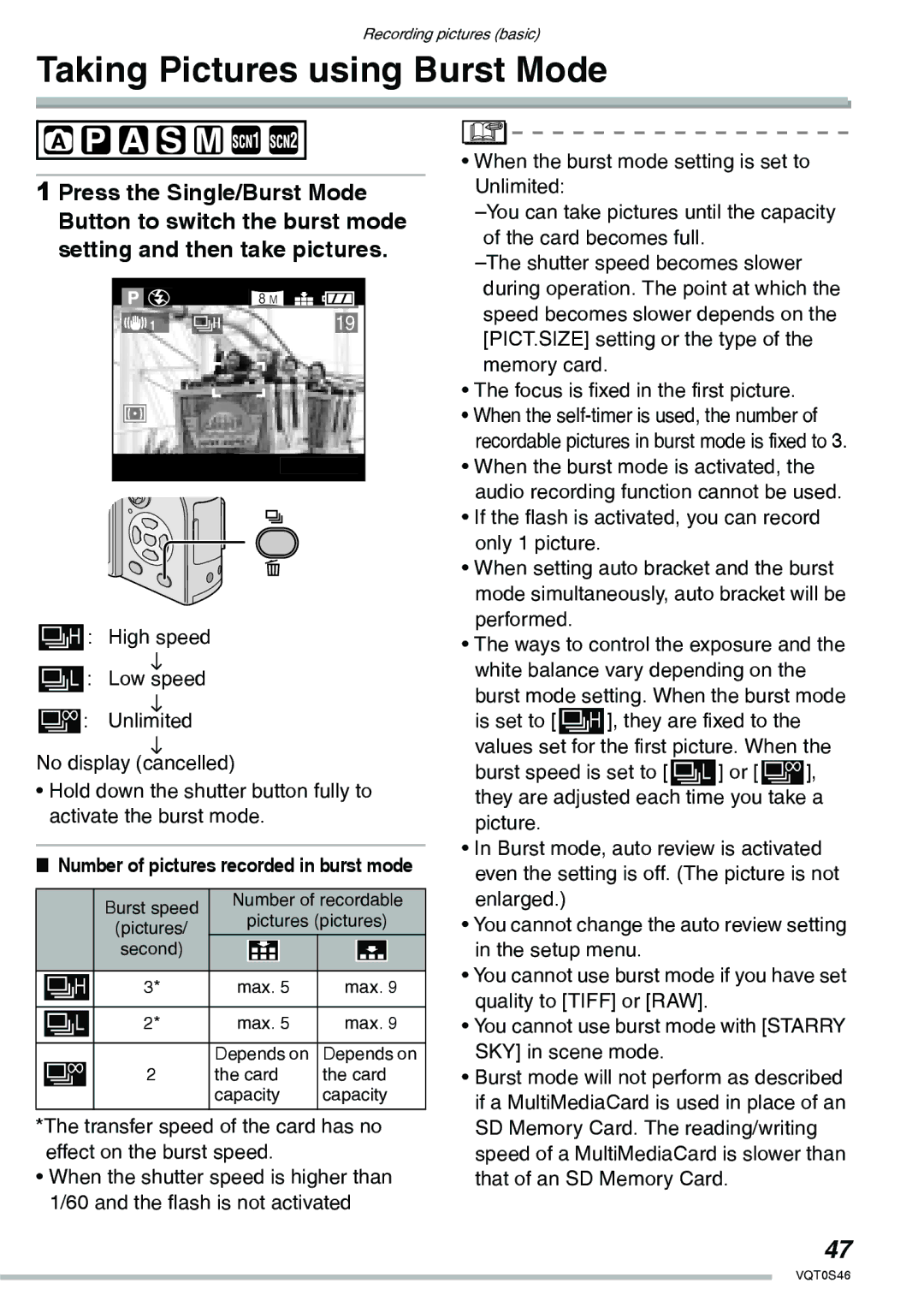 Panasonic DMC-LX1GN operating instructions Taking Pictures using Burst Mode, Number of pictures recorded in burst mode 