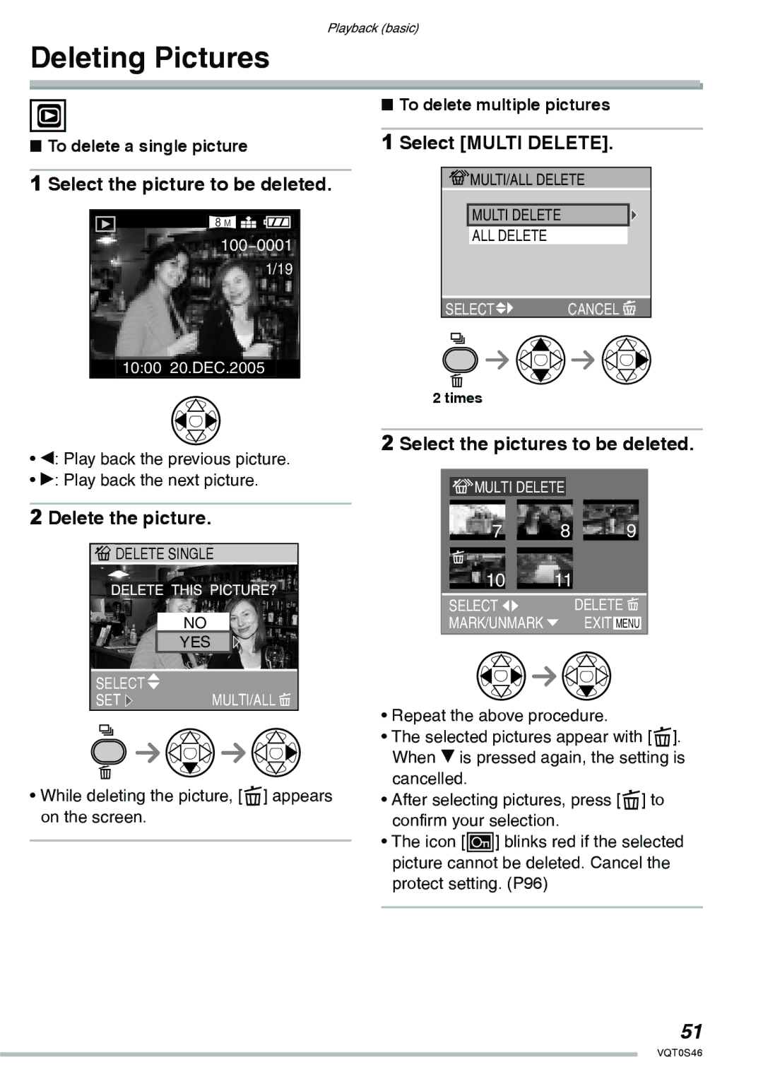 Panasonic DMC-LX1GN Deleting Pictures, Select the picture to be deleted, Select Multi Delete, Delete the picture 