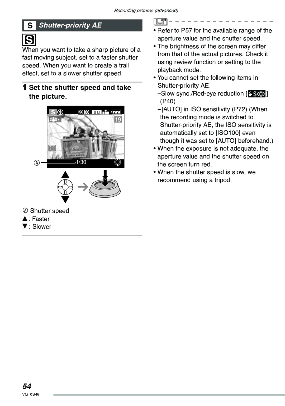 Panasonic DMC-LX1GN operating instructions Shutter-priority AE, Set the shutter speed and take the picture 