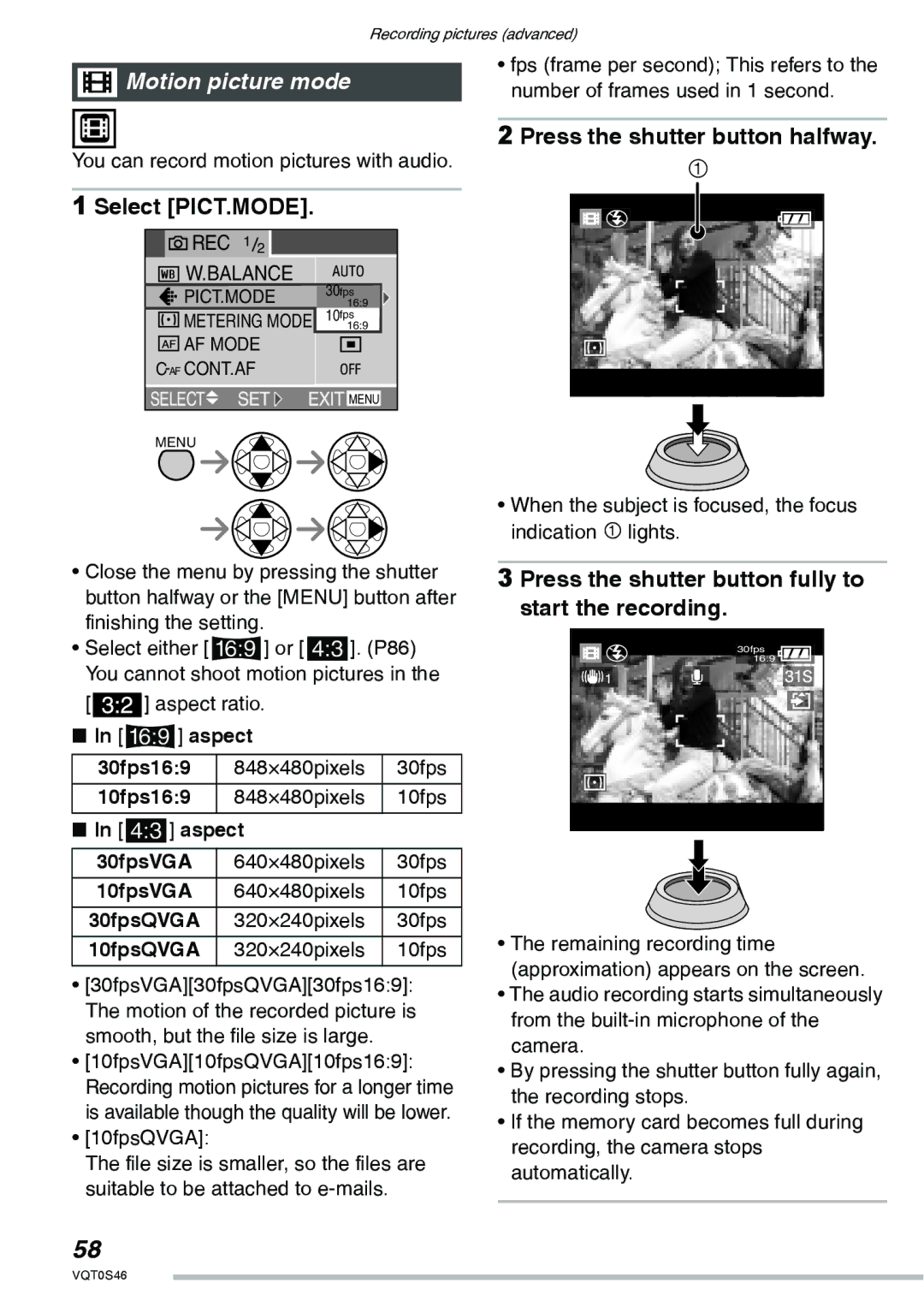 Panasonic DMC-LX1GN Motion picture mode, Select PICT.MODE, Press the shutter button fully to start the recording 