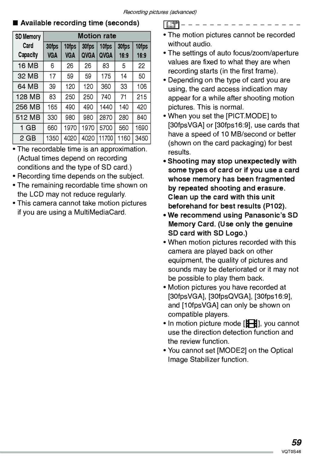 Panasonic DMC-LX1GN operating instructions Available recording time seconds, Card 