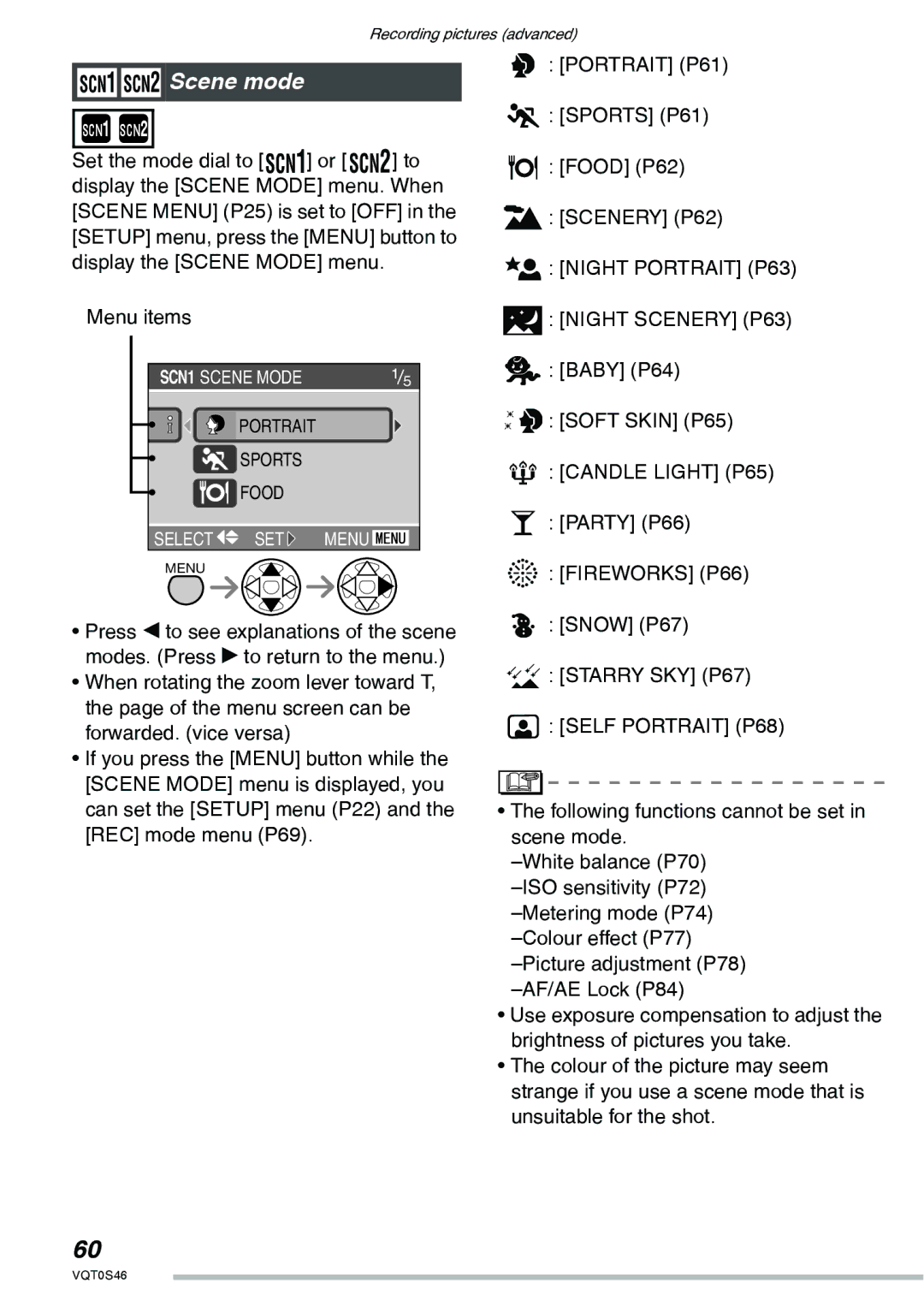 Panasonic DMC-LX1GN operating instructions RS Scene mode, Night Portrait P63 Night Scenery P63, Fireworks P66 