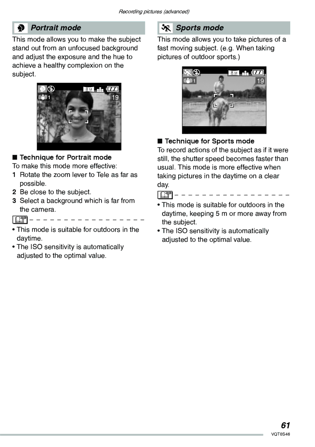 Panasonic DMC-LX1GN operating instructions Portrait mode Sports mode, Technique for Sports mode 