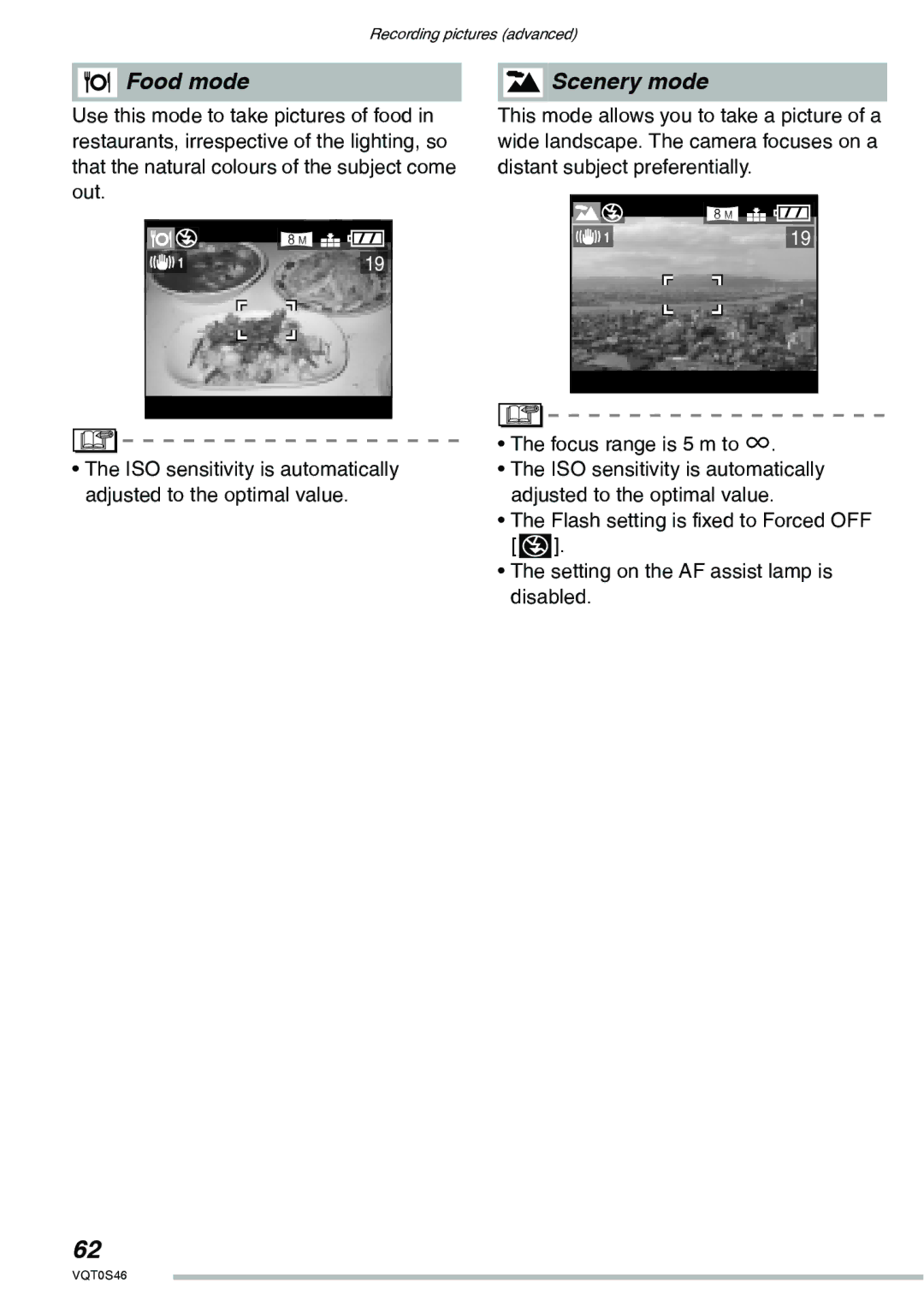 Panasonic DMC-LX1GN operating instructions Food mode Scenery mode 