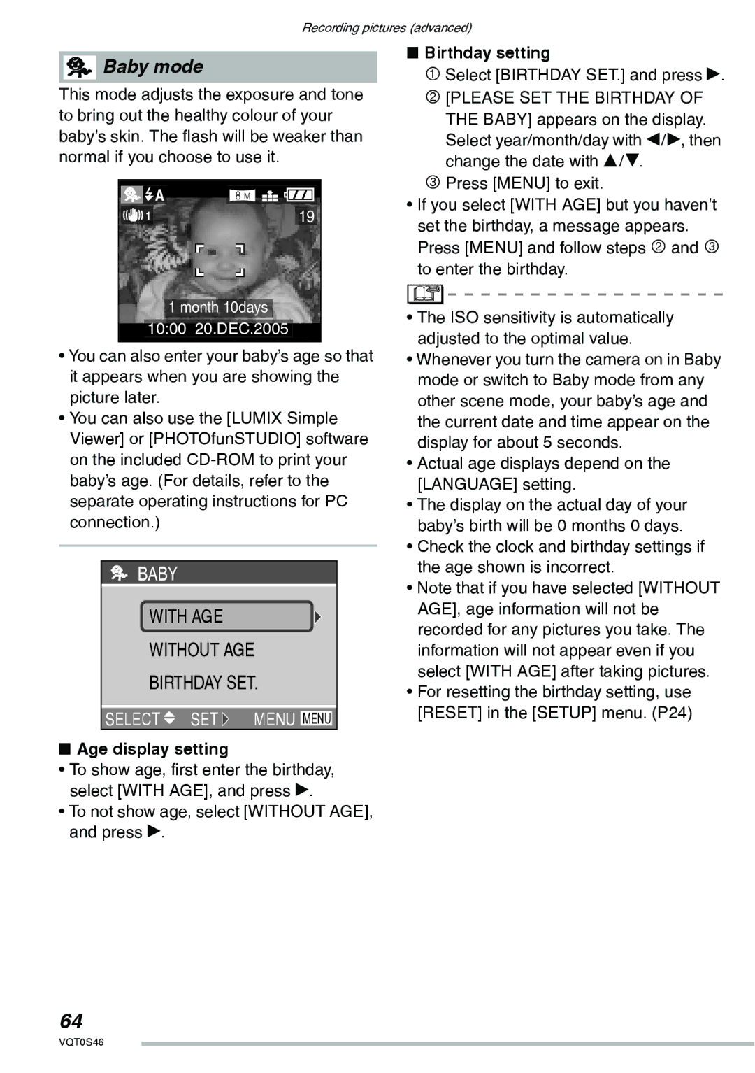 Panasonic DMC-LX1GN operating instructions Age display setting, Birthday setting 