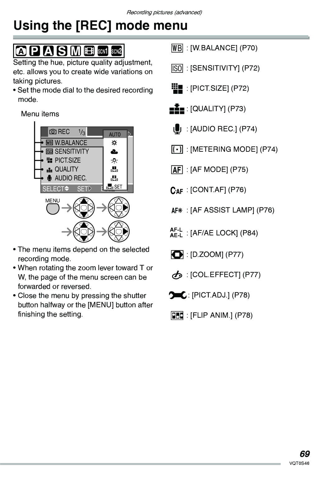 Panasonic DMC-LX1GN operating instructions Using the REC mode menu, Sensitivity P72, Metering Mode P74, AF Assist Lamp P76 