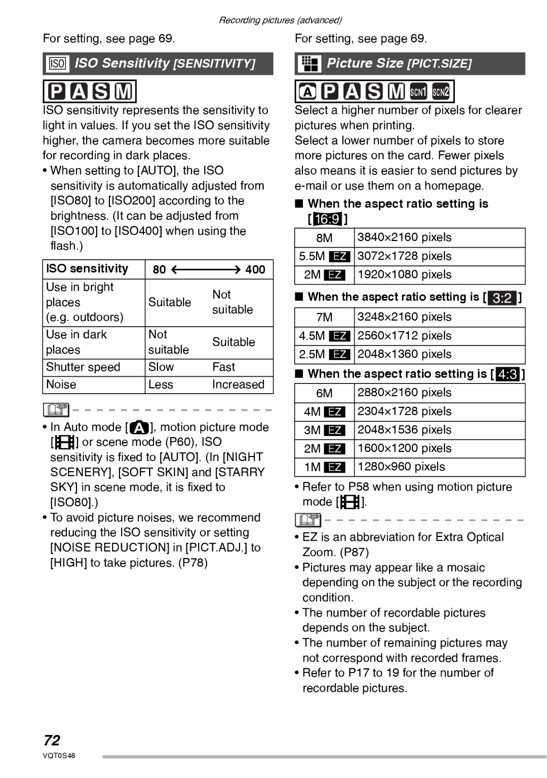 Panasonic DMC-LX1GN operating instructions ISO Sensitivity Sensitivity, Picture Size PICT.SIZE, ISO sensitivity 400 