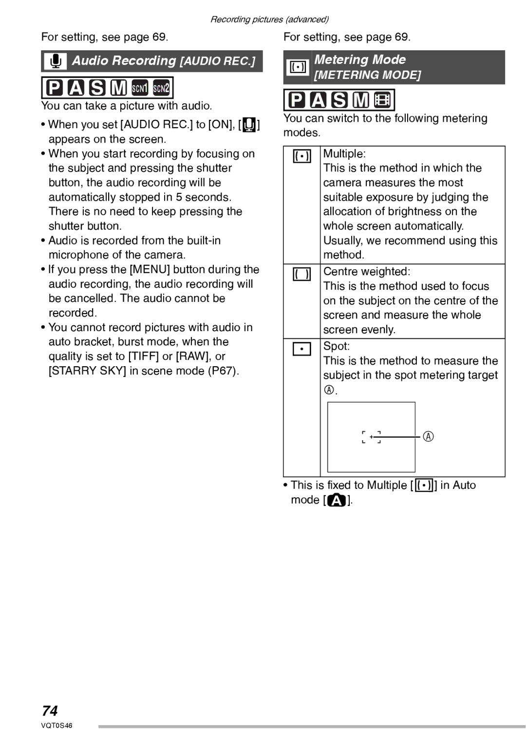 Panasonic DMC-LX1GN operating instructions Audio Recording Audio REC, Metering Mode 