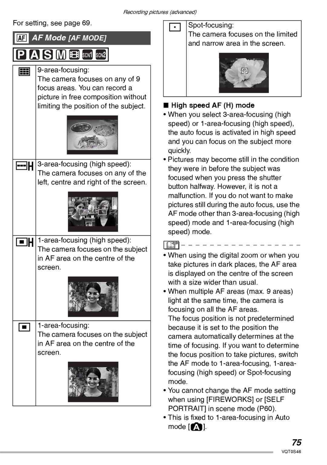 Panasonic DMC-LX1GN operating instructions AF Mode AF Mode, High speed AF H mode 