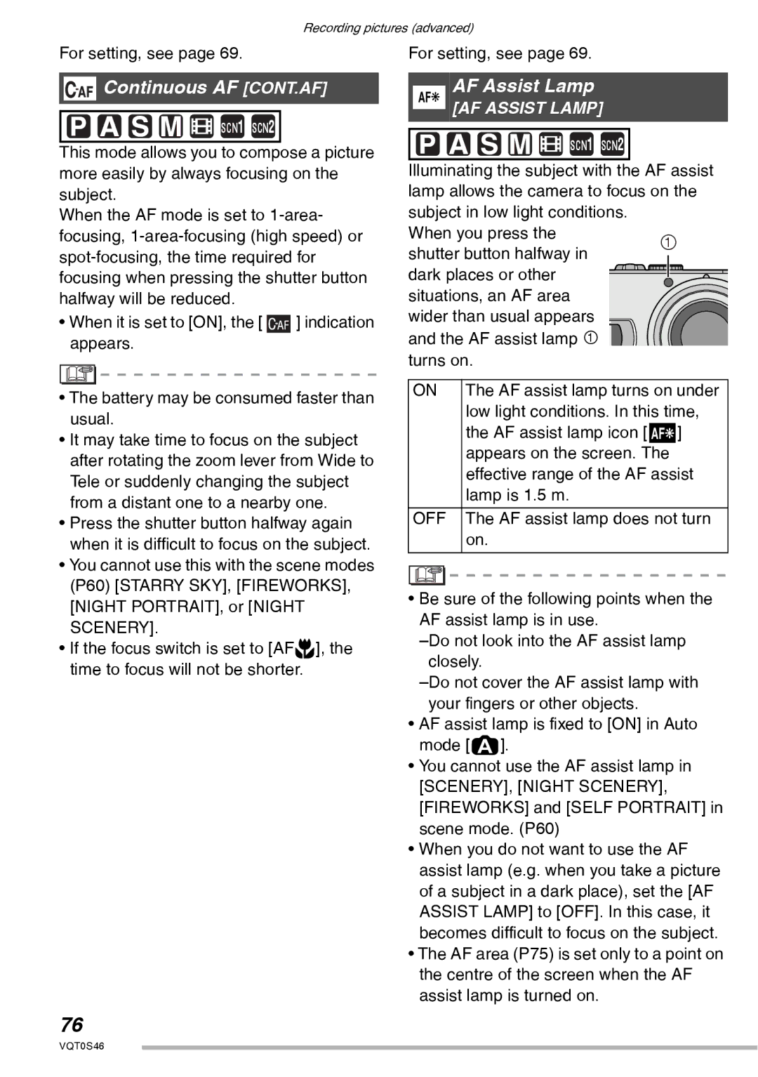 Panasonic DMC-LX1GN operating instructions Continuous AF CONT.AF, AF Assist Lamp 