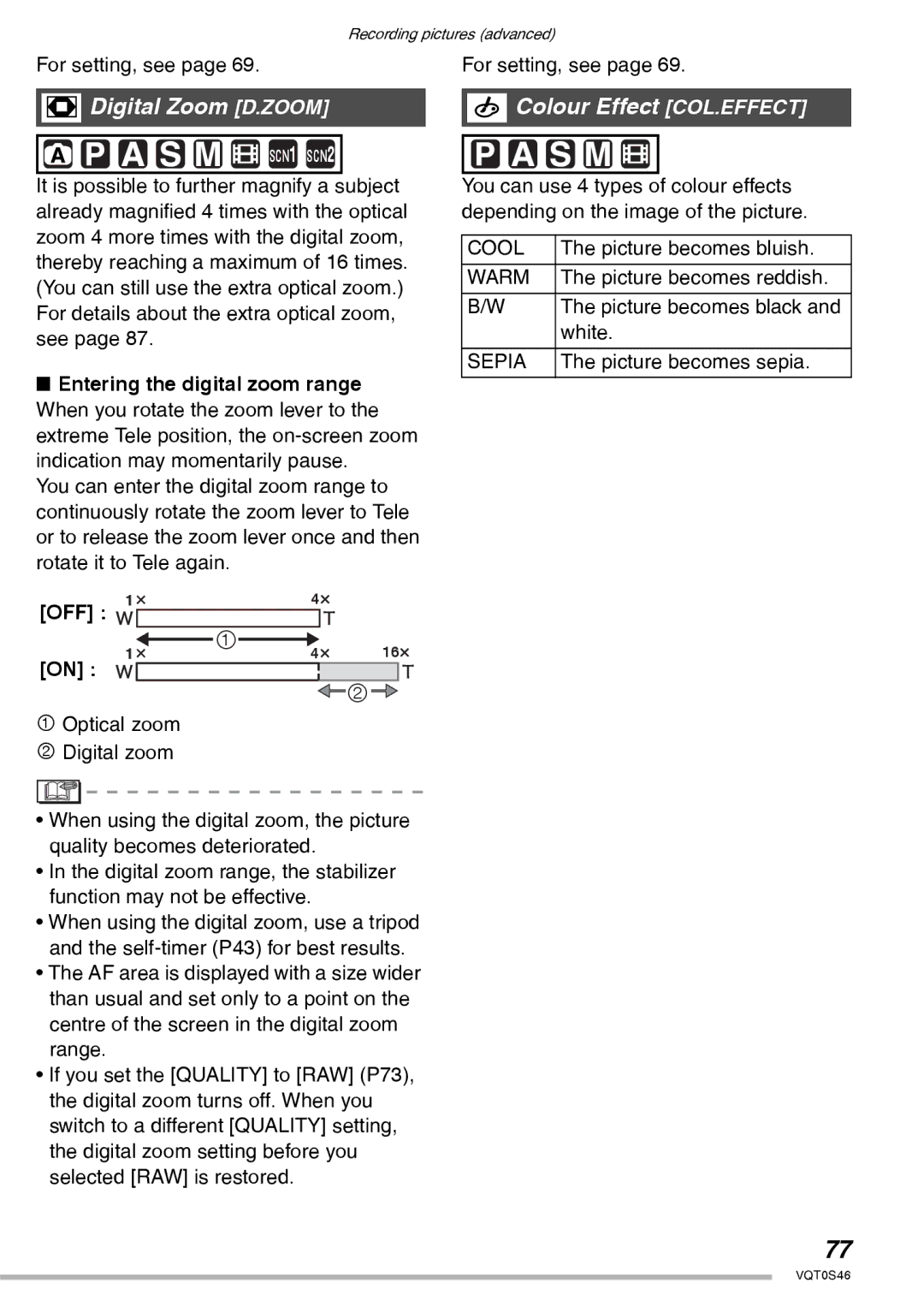 Panasonic DMC-LX1GN operating instructions Digital Zoom D.ZOOM, Colour Effect COL.EFFECT, Cool, Warm, Sepia 