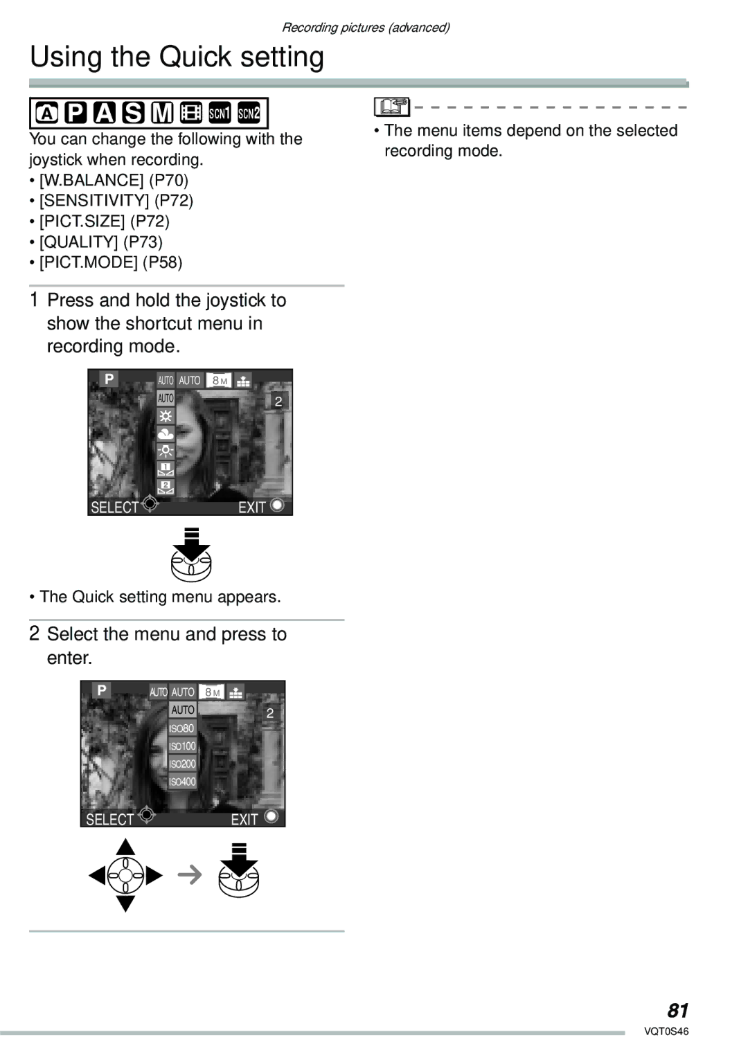 Panasonic DMC-LX1GN operating instructions Using the Quick setting, Select the menu and press to enter 