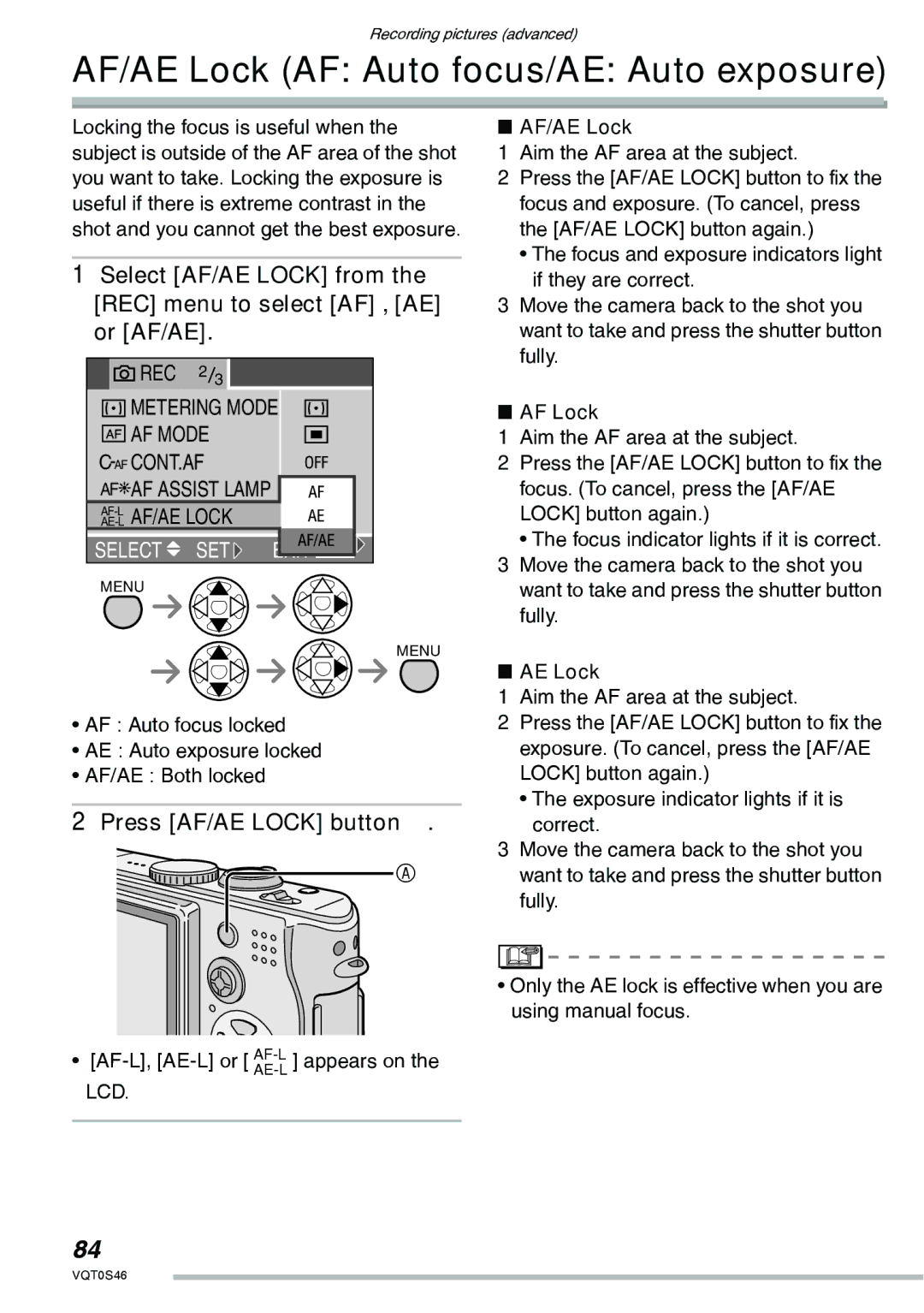 Panasonic DMC-LX1GN operating instructions AF/AE Lock AF Auto focus/AE Auto exposure, Press AF/AE Lock button a, AF Lock 