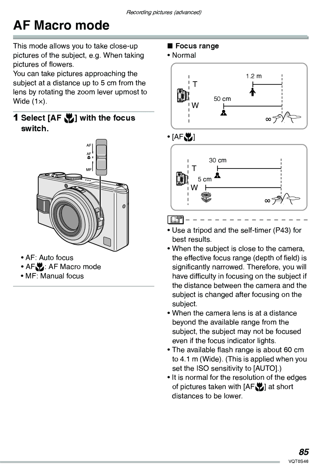 Panasonic DMC-LX1GN operating instructions AF Macro mode, Select AF w with the focus switch, Focus range 