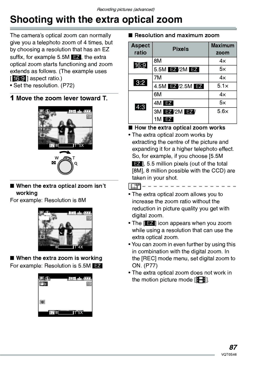 Panasonic DMC-LX1GN operating instructions Shooting with the extra optical zoom, Move the zoom lever toward T 