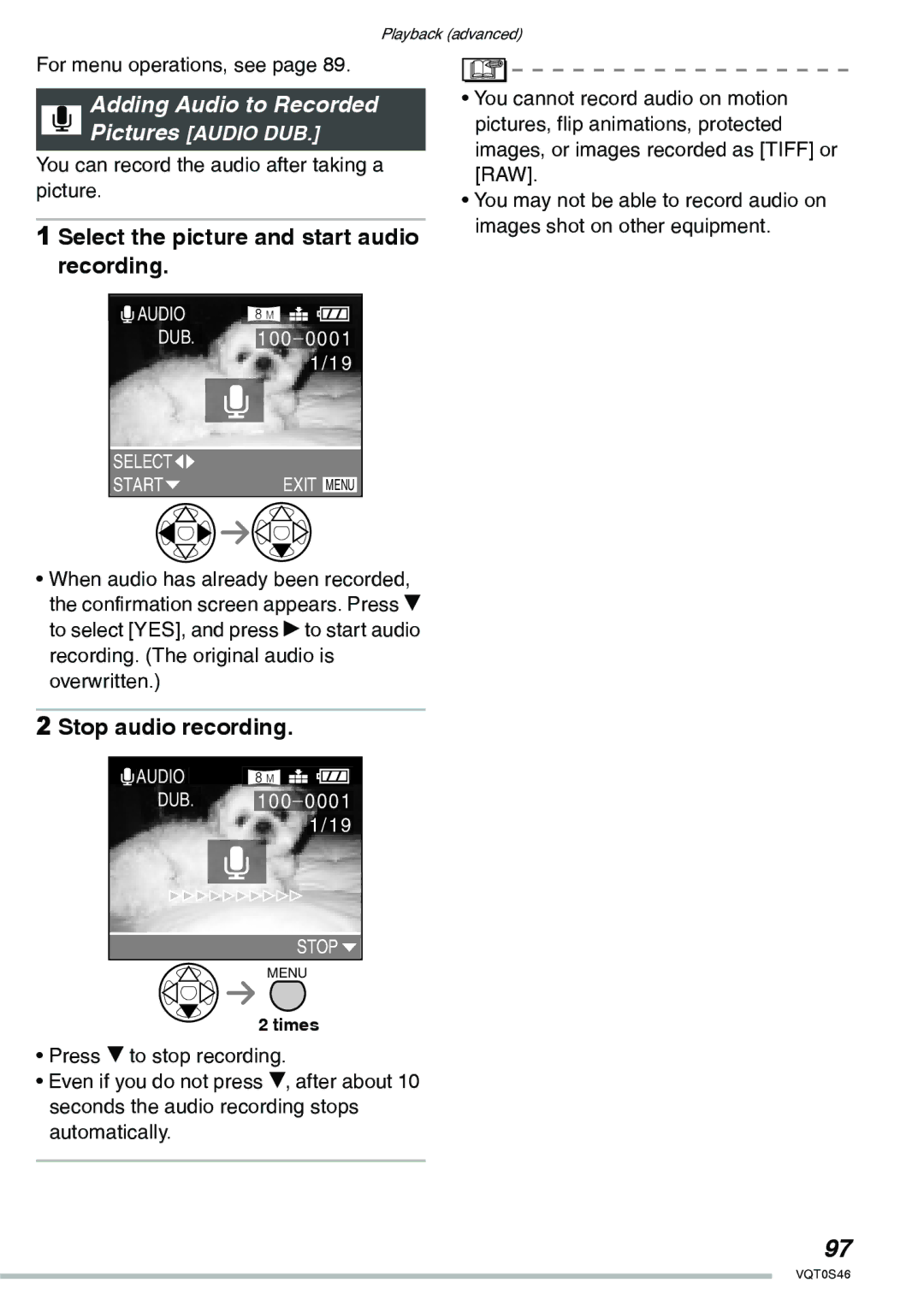 Panasonic DMC-LX1GN operating instructions Select the picture and start audio recording, Stop audio recording 