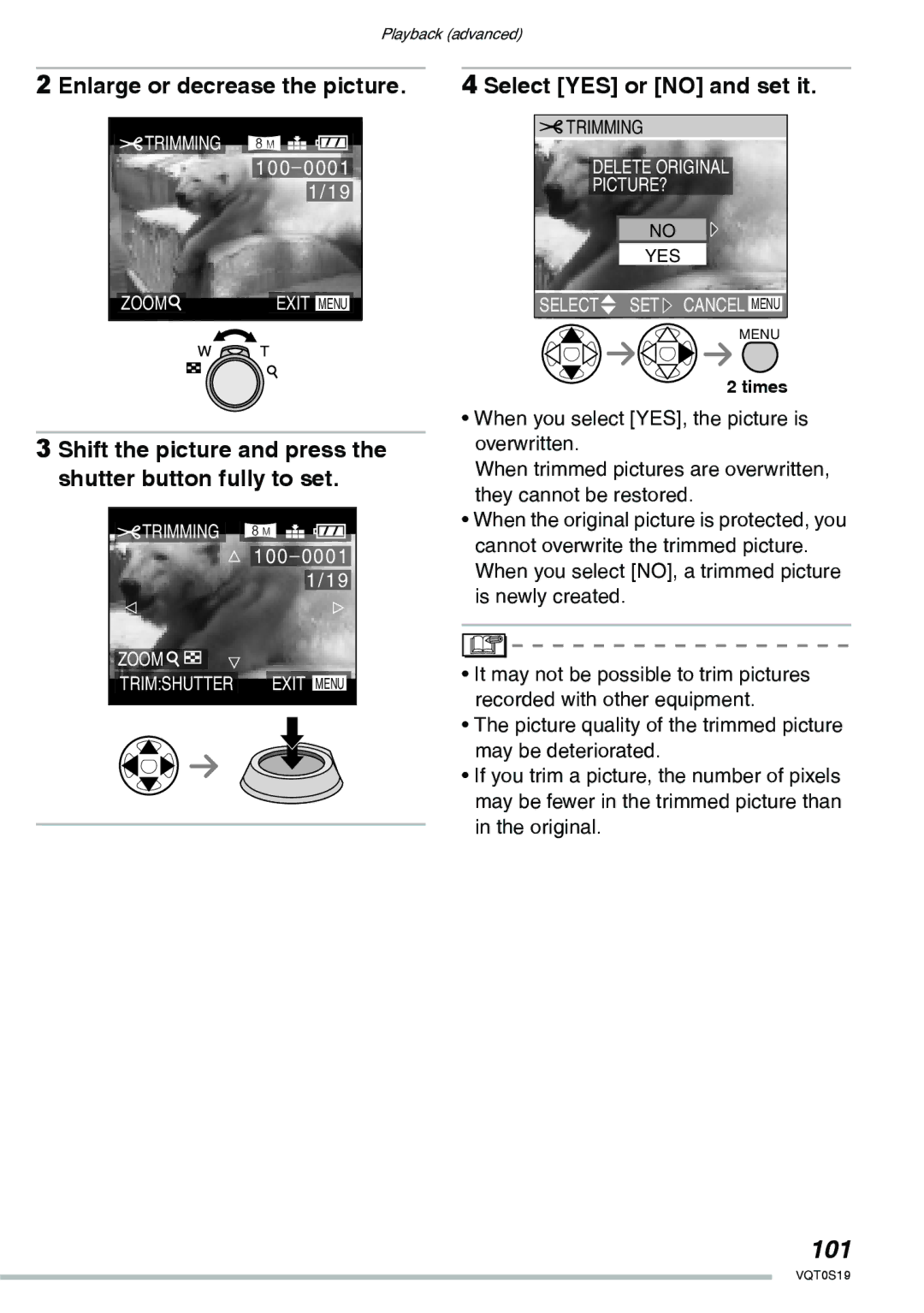 Panasonic DMC-LX1PP 101, Enlarge or decrease the picture, Shift the picture and press the shutter button fully to set 