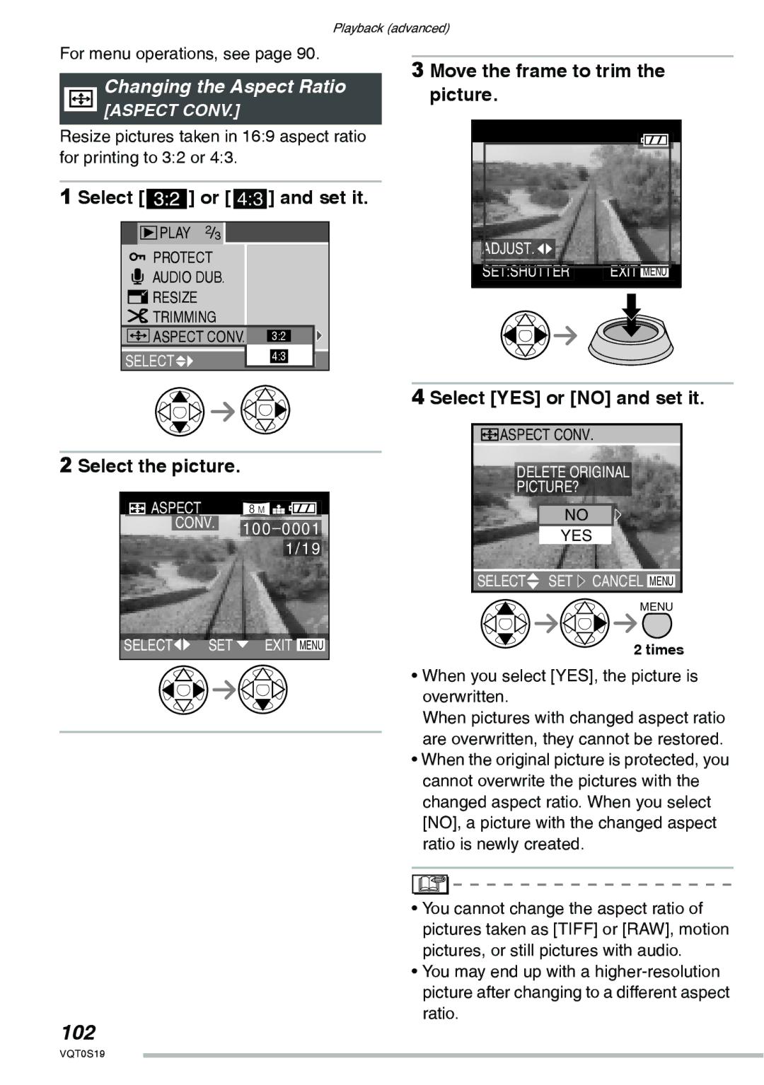 Panasonic DMC-LX1PP 102, Changing the Aspect Ratio, Select Or h and set it, Move the frame to trim the picture 