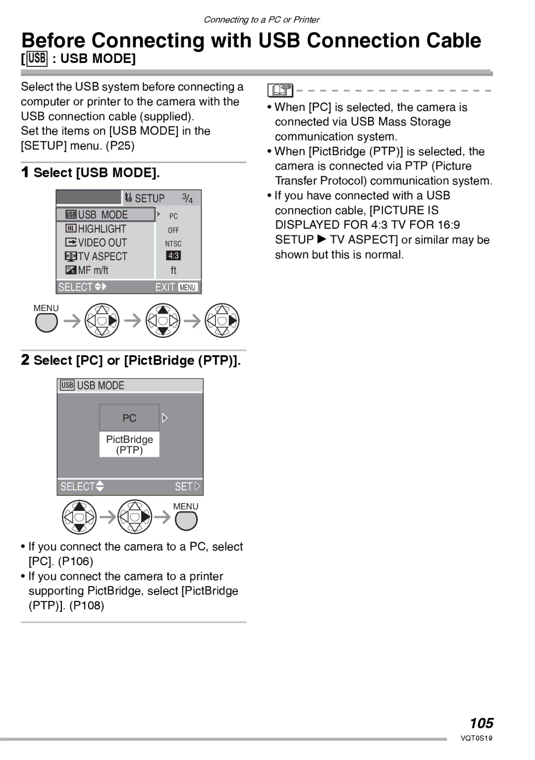 Panasonic DMC-LX1PP Before Connecting with USB Connection Cable, 105, Select USB Mode, Select PC or PictBridge PTP 