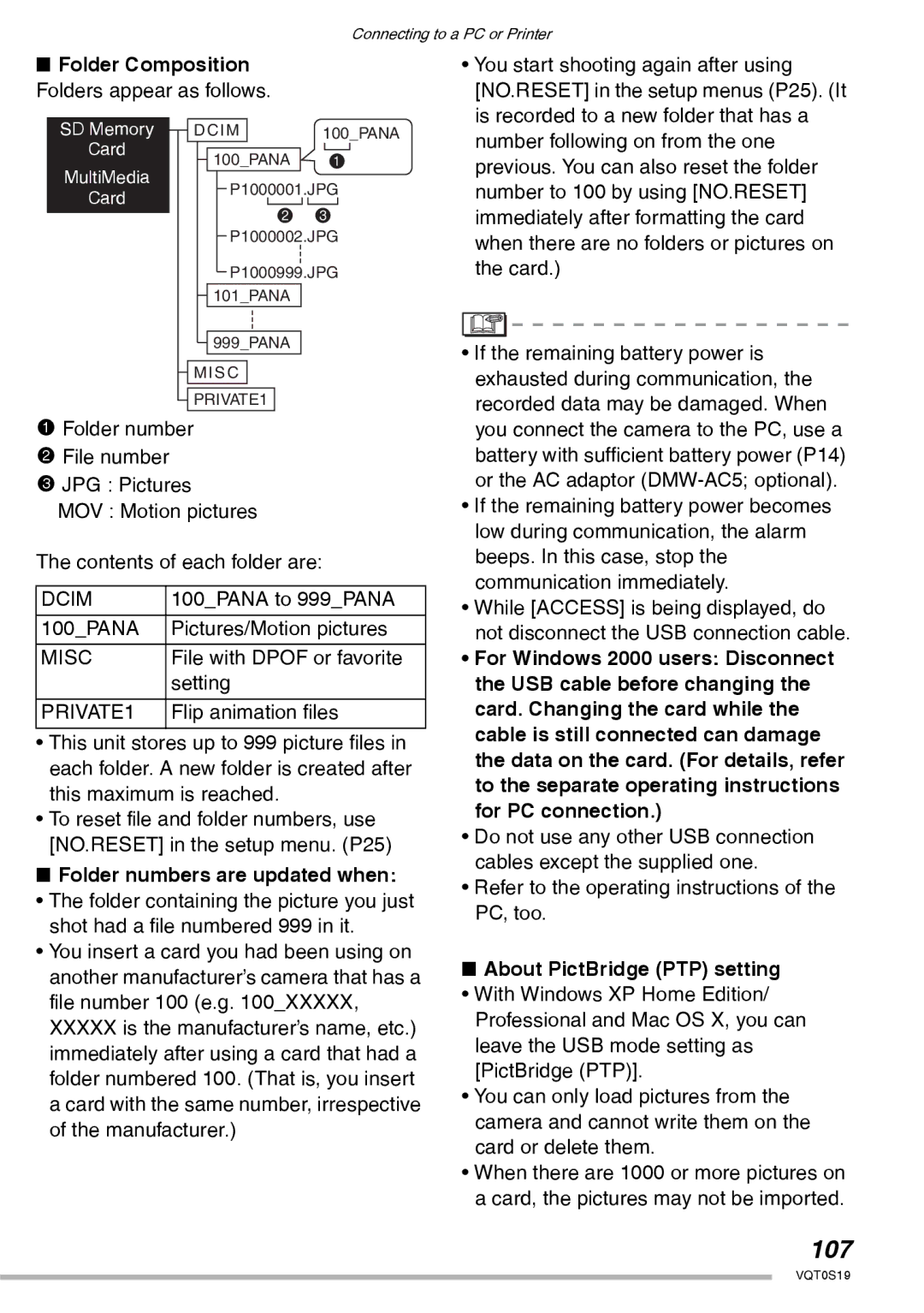 Panasonic DMC-LX1PP 107, Folder Composition, Folder numbers are updated when, About PictBridge PTP setting 