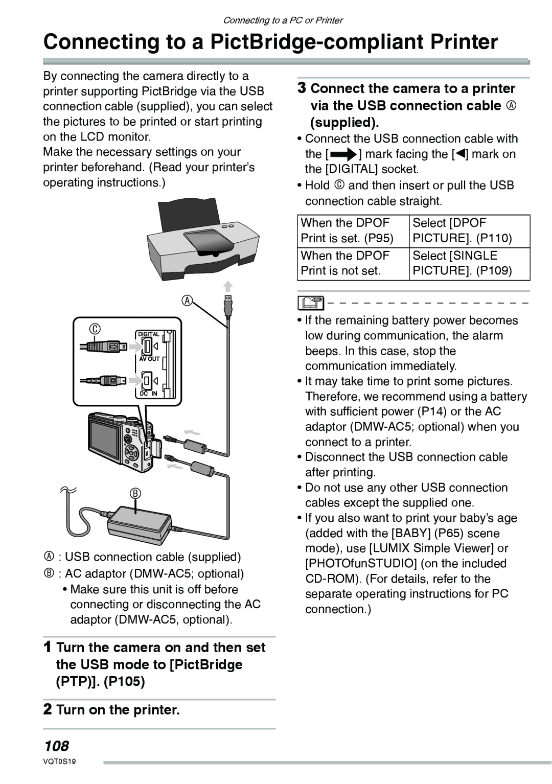 Panasonic DMC-LX1PP operating instructions Connecting to a PictBridge-compliant Printer, 108 